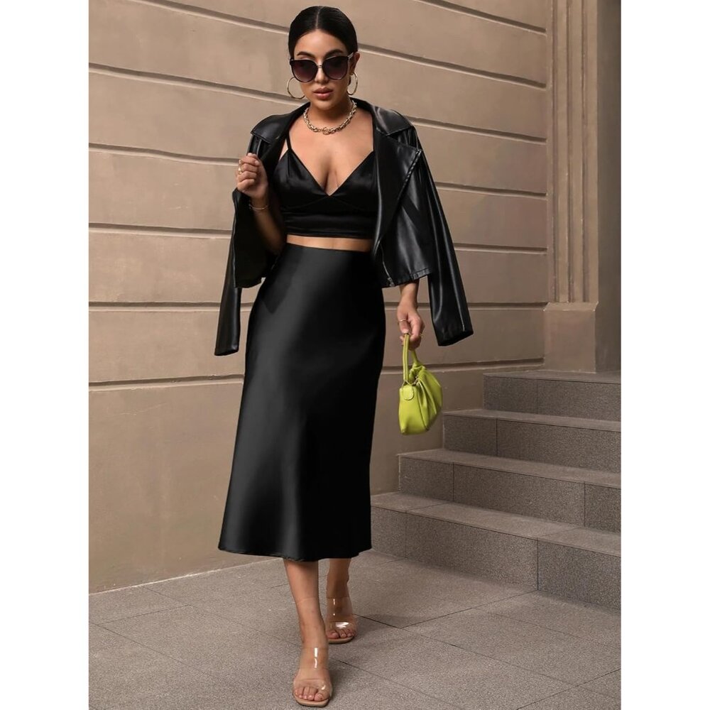 Women's Black Satin Elegant Fishtail Silk A Line Casual luxurious Midi Skirt - Picture 3 of 6